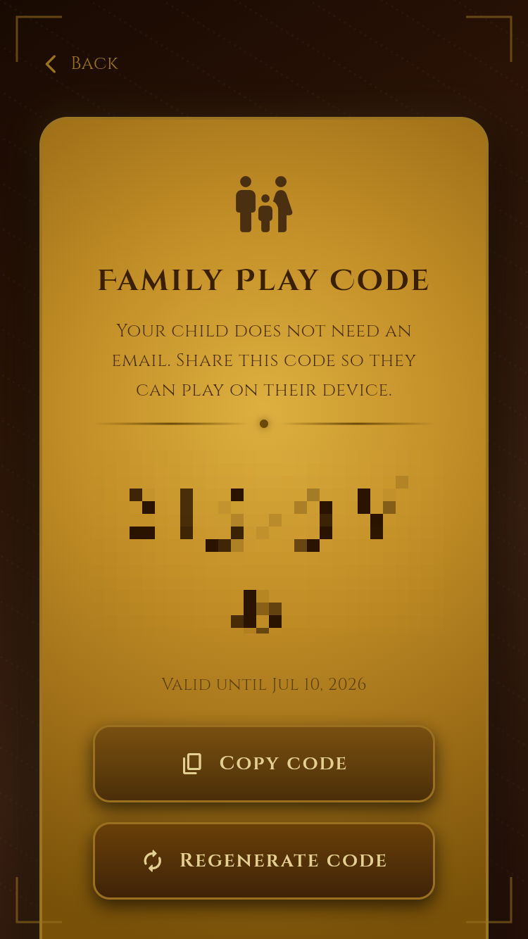 Family Play Code screen (code blurred)