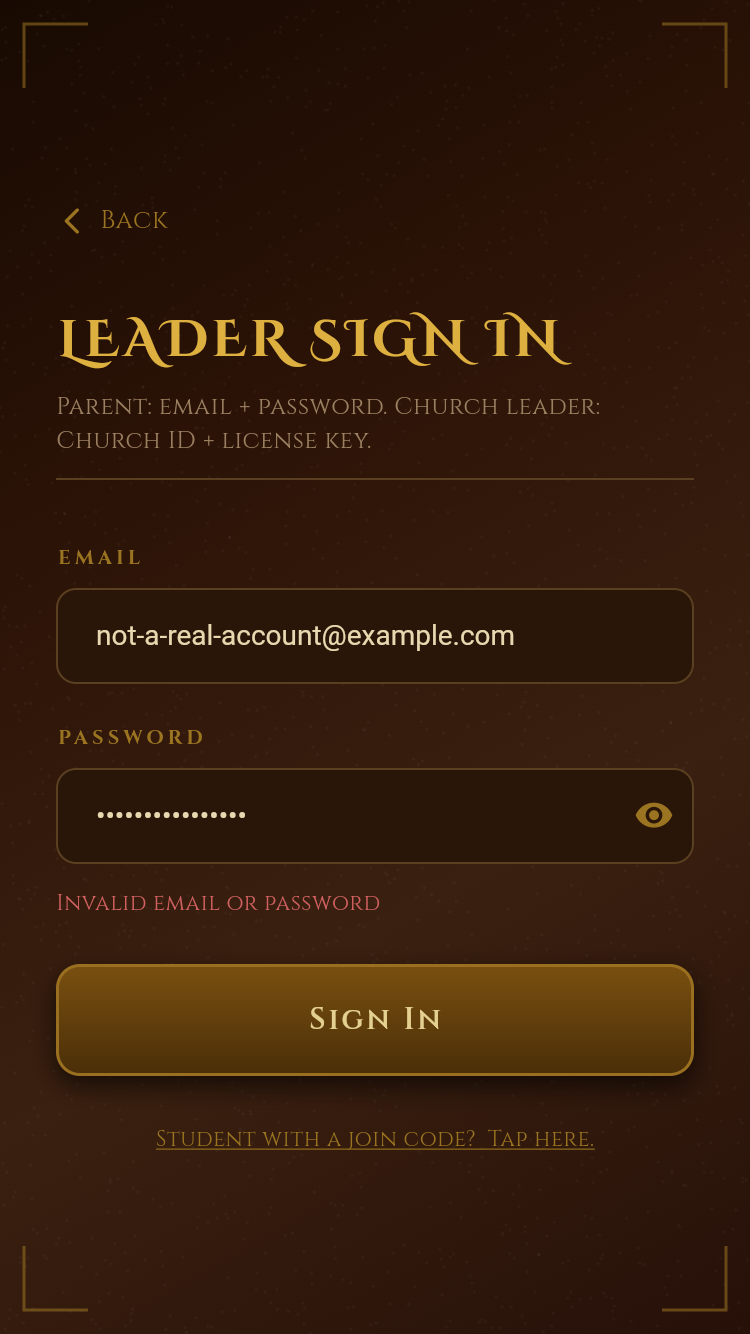 Login screen showing an Invalid email or password error