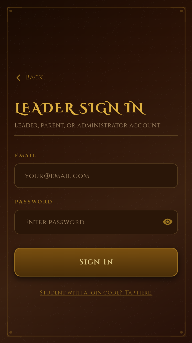 Leader login and sign-up screen