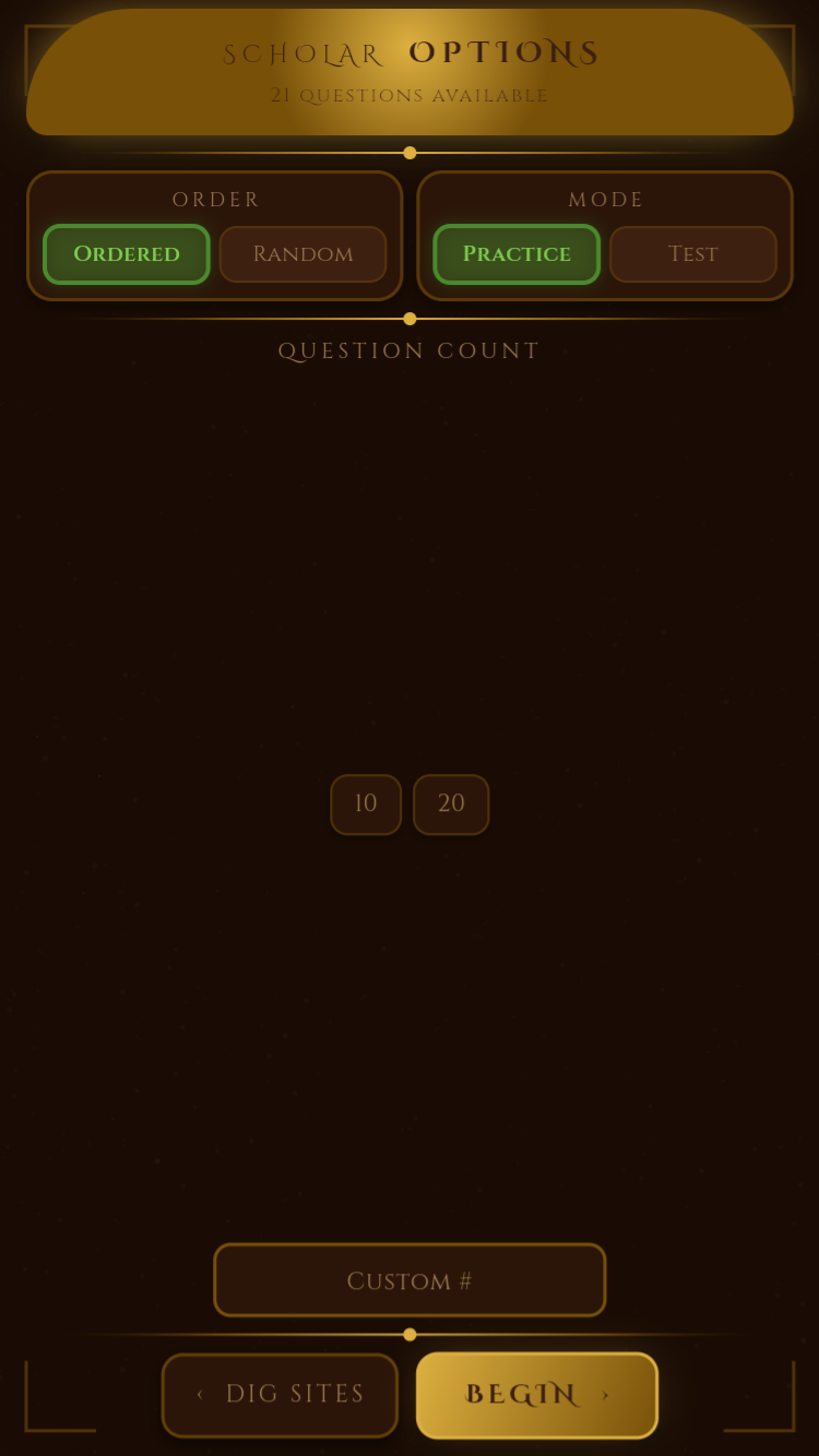 Scholar Mode practice options with dig site and level pickers